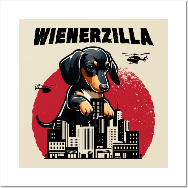 Wienerzilla Funny Giant Dachshund Wiener Dog in City Wall Art by BraaiNinja